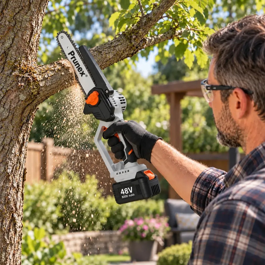Man cutting a branch one-handed with lightweight 700 g Prunex™