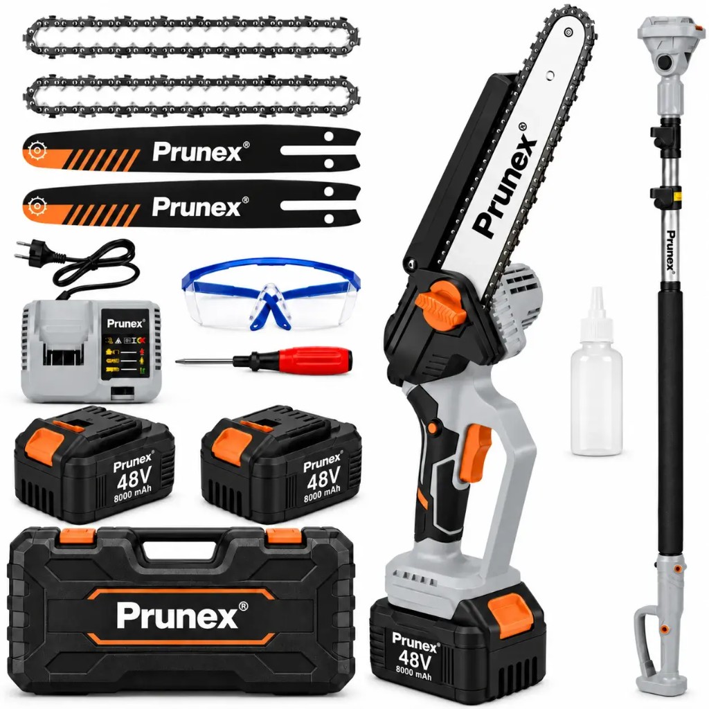 Prunex™ 2-in-1 telescopic electric chainsaw with batteries and accessories